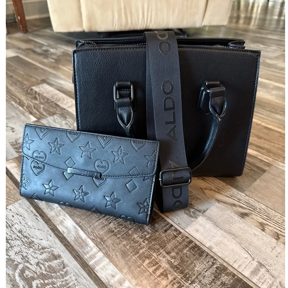 ALDO Womens Chic Satchel Handbag Removable Strap Embossed Wallet OS Black Pro